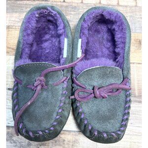 L.L. Bean Kids Suede Moccasin Slippers With Purple Fleece Lining Size 11.5